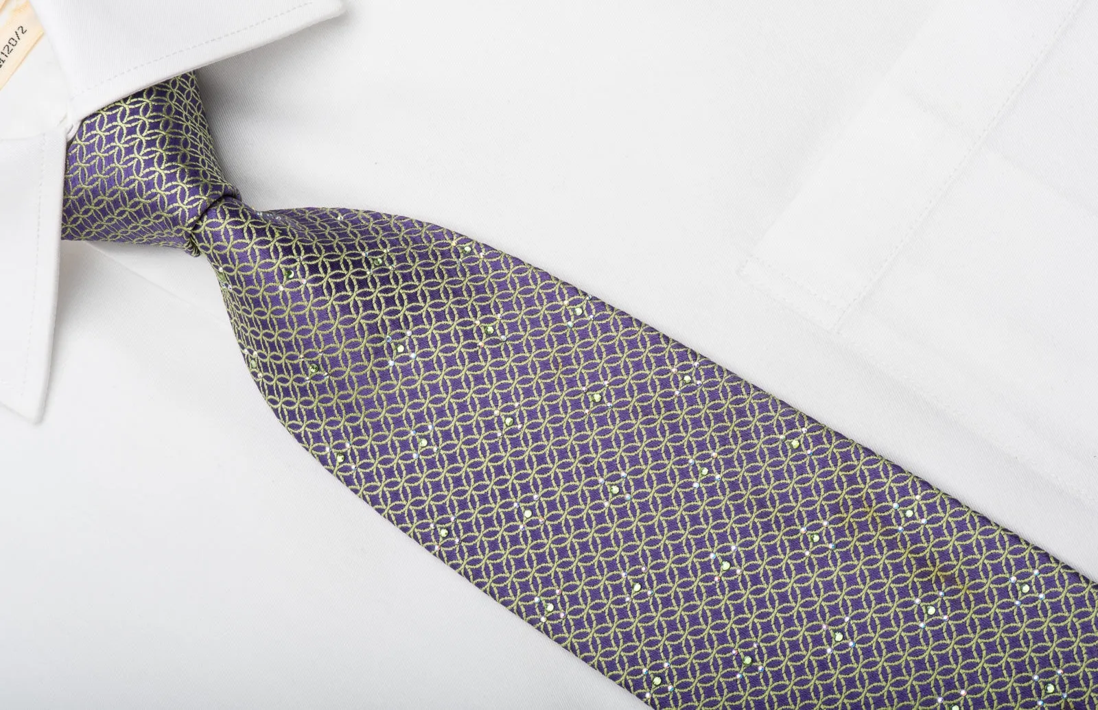 Men's Silk Necktie Green Interlocking Circles On Purple Sparkling With Rhinestones