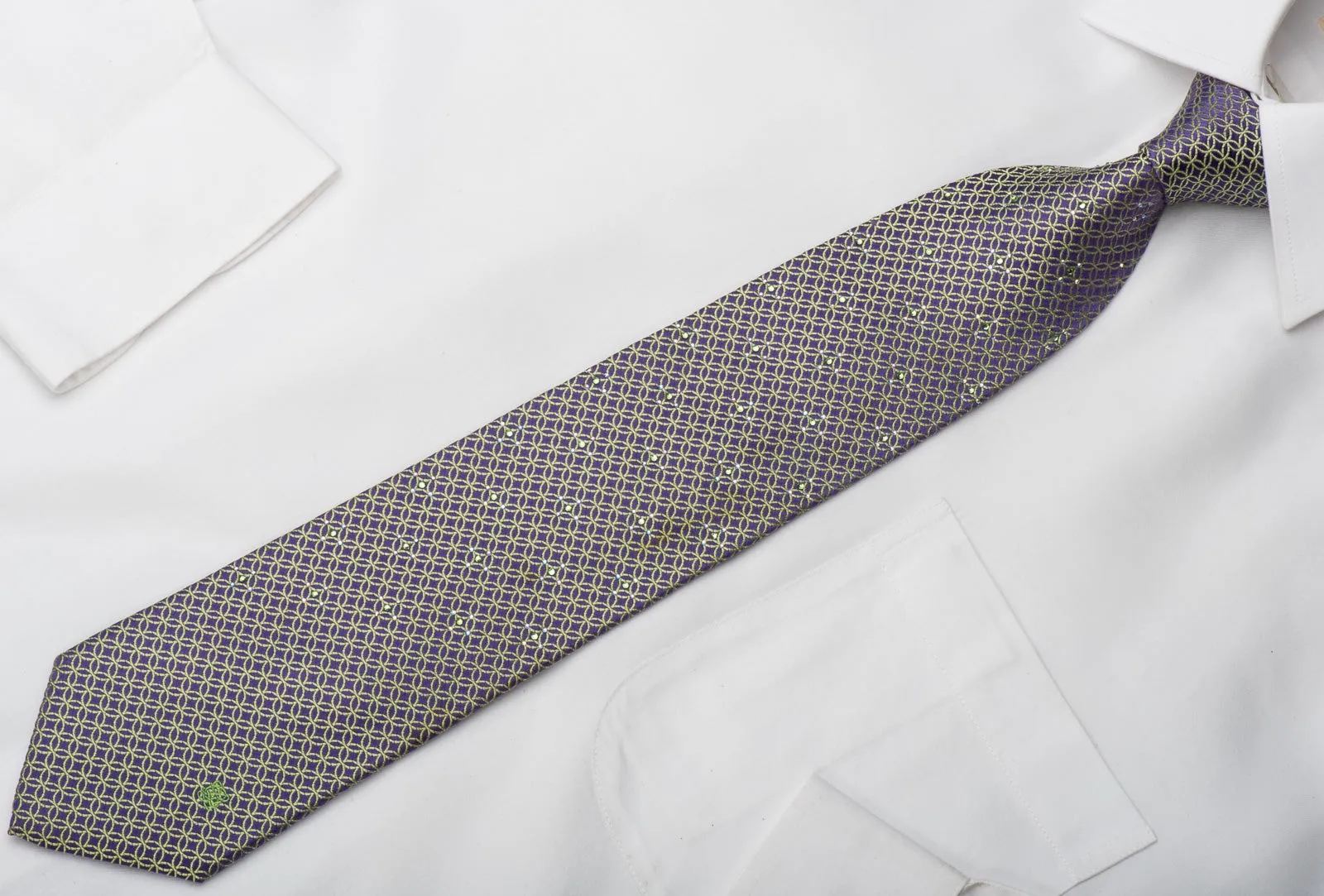 Men's Silk Necktie Green Interlocking Circles On Purple Sparkling With Rhinestones
