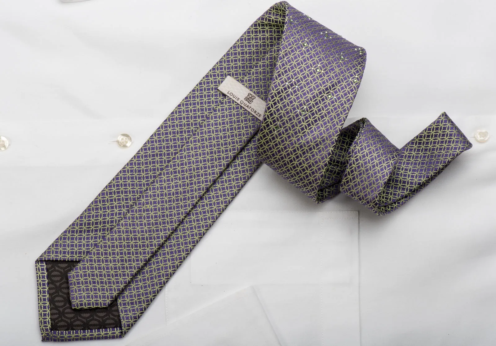 Men's Silk Necktie Green Interlocking Circles On Purple Sparkling With Rhinestones