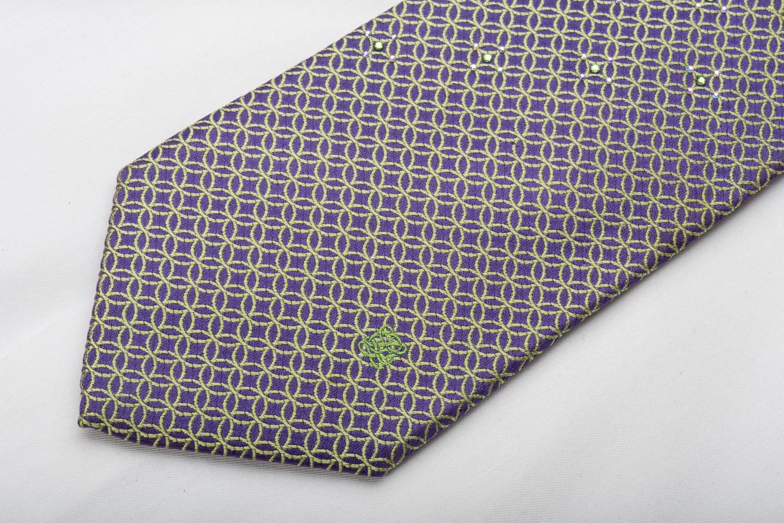 Men's Silk Necktie Green Interlocking Circles On Purple Sparkling With Rhinestones