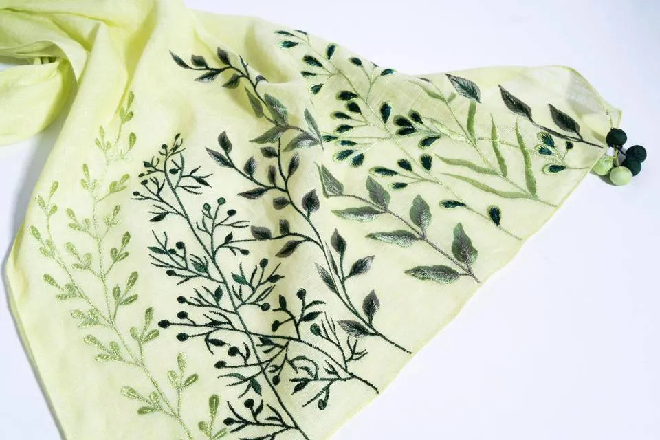 Mint Green Linen Scarf With Embroidered Leaves And Corner Tassels