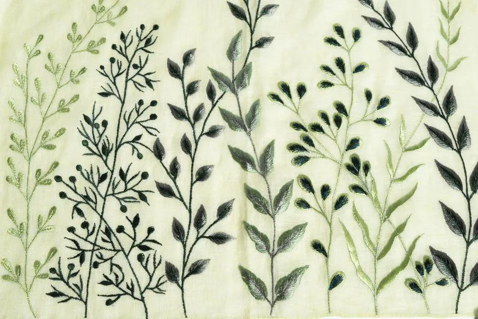 Mint Green Linen Scarf With Embroidered Leaves And Corner Tassels