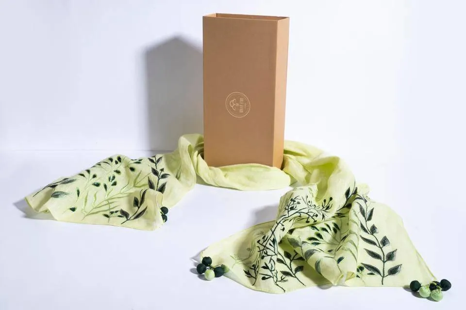 Mint Green Linen Scarf With Embroidered Leaves And Corner Tassels