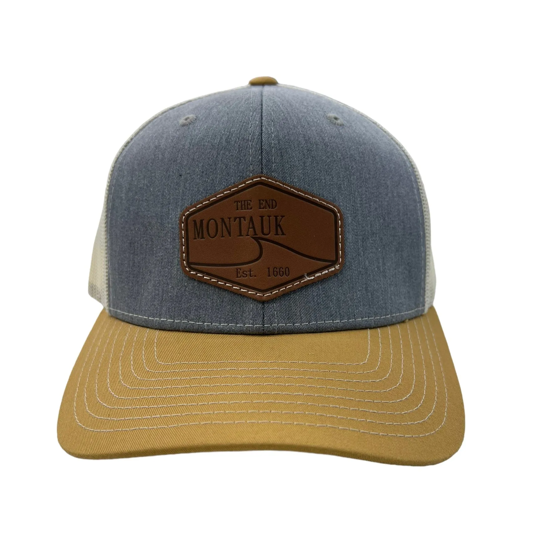 Montauk Surf and Sports The End Wave Patch Logo Leather Ostrich Style Hat in Denim and Khaki