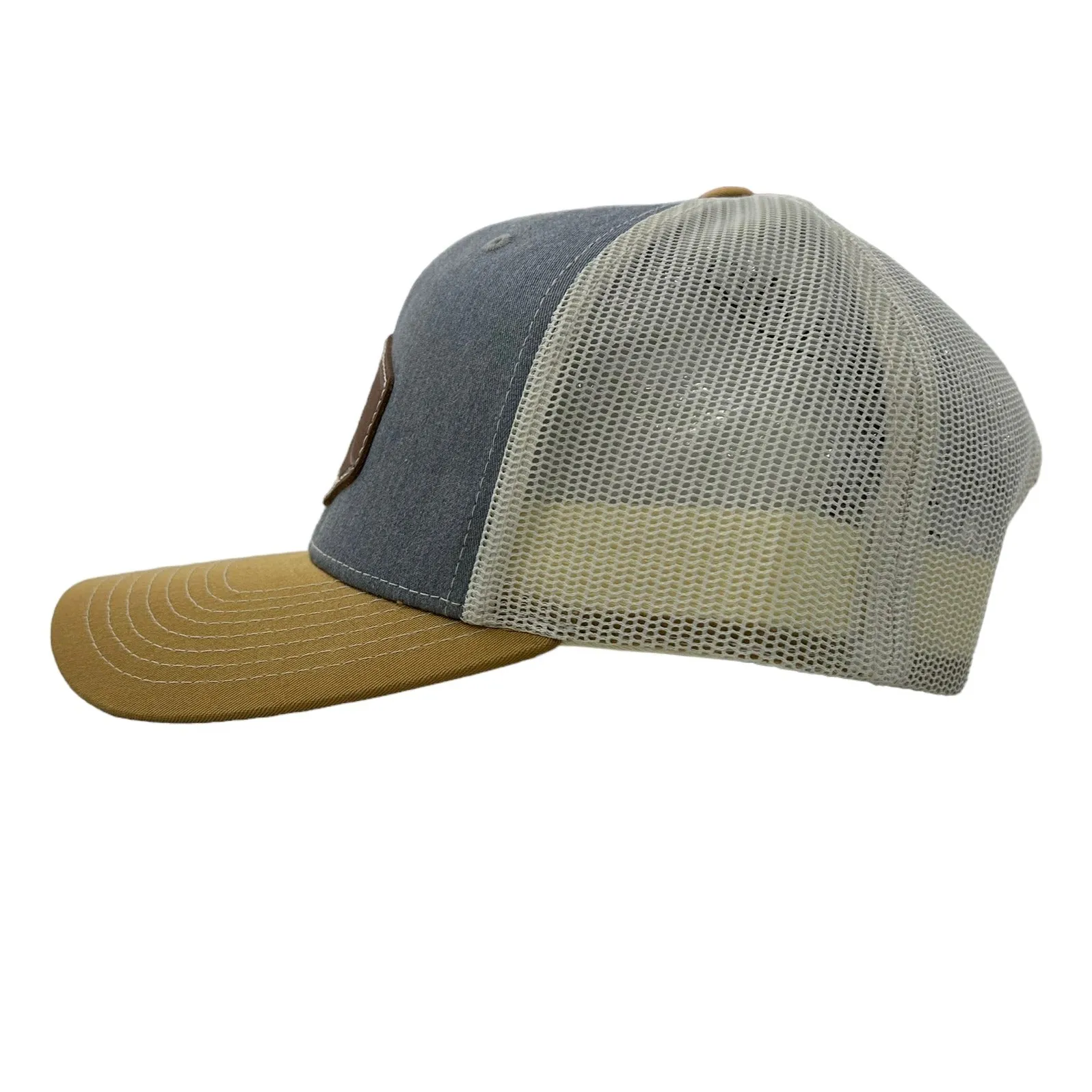 Montauk Surf and Sports The End Wave Patch Logo Leather Ostrich Style Hat in Denim and Khaki