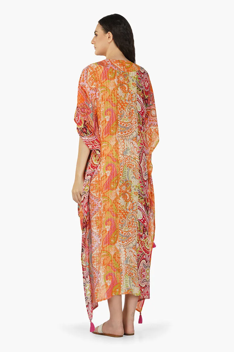 Multi Palm Paisey Strip Cover Up