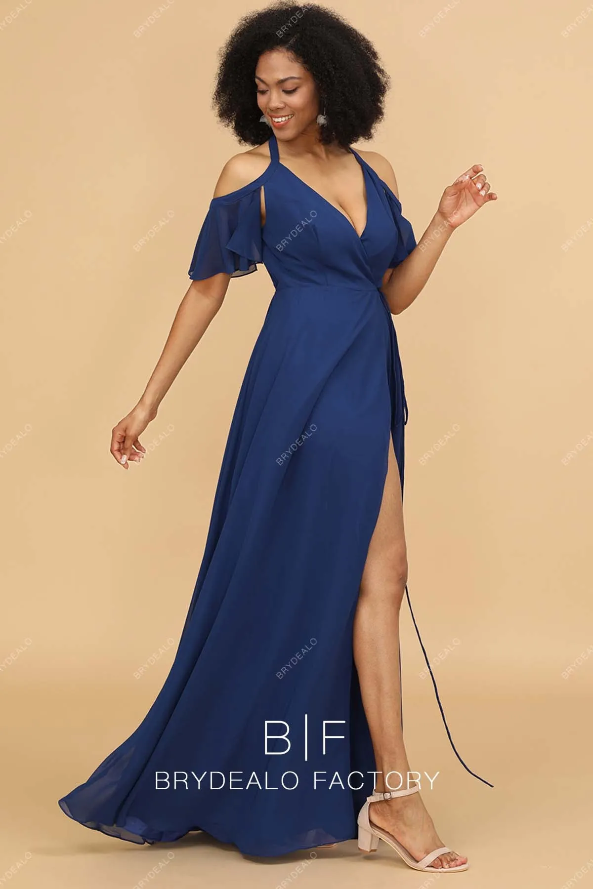 Navy Blue Chiffon Cold Shoulder V-neck Long Dress