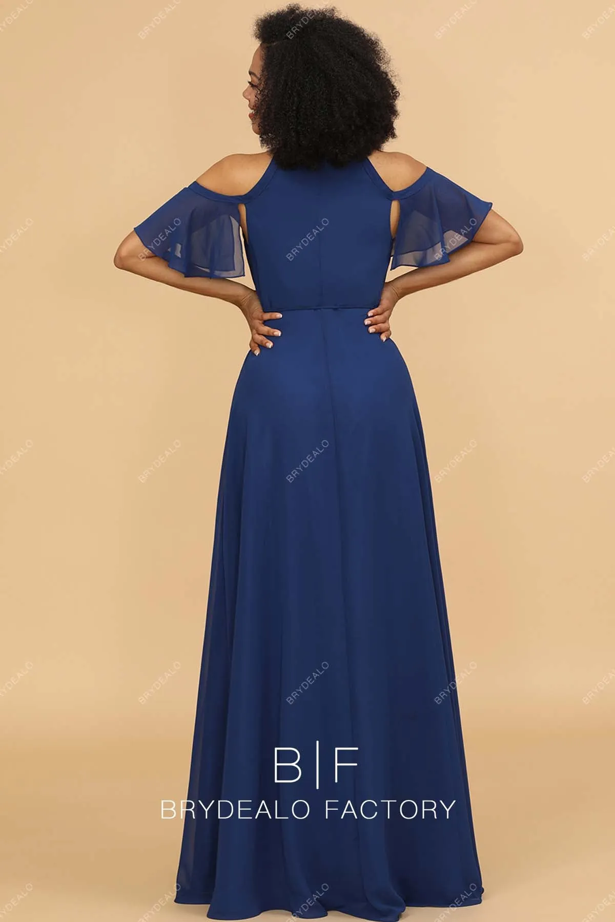 Navy Blue Chiffon Cold Shoulder V-neck Long Dress
