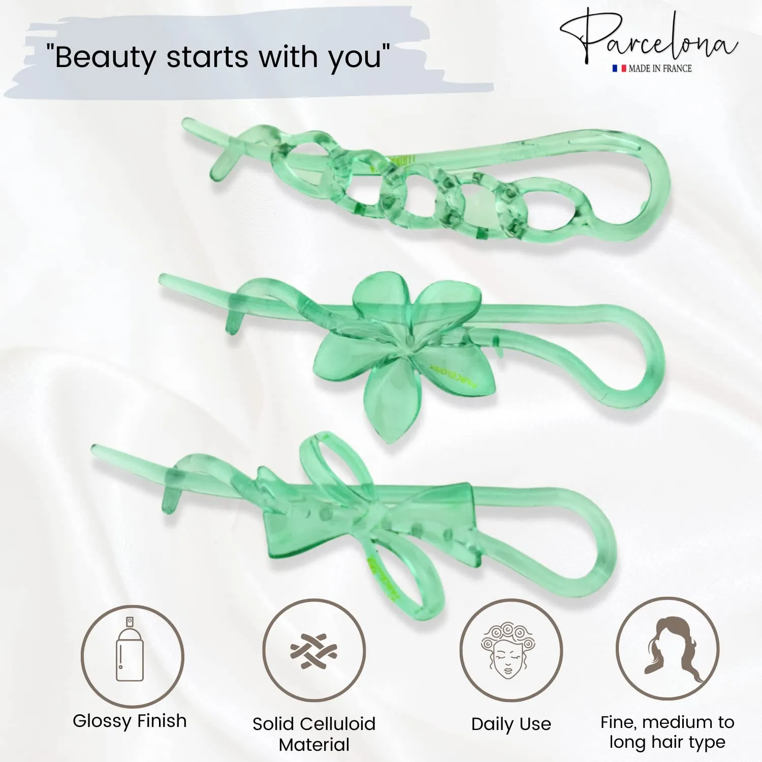 Parcelona French Twist n Clip Flower, Bow and Chain 4" Cellulose Acetate Set of 3 Metal Free Hair Barrette Clips Non Slip Fashion Durable Styling Women Hair Accessories Hair Clip for Girls, Made in France (Crystal Green)