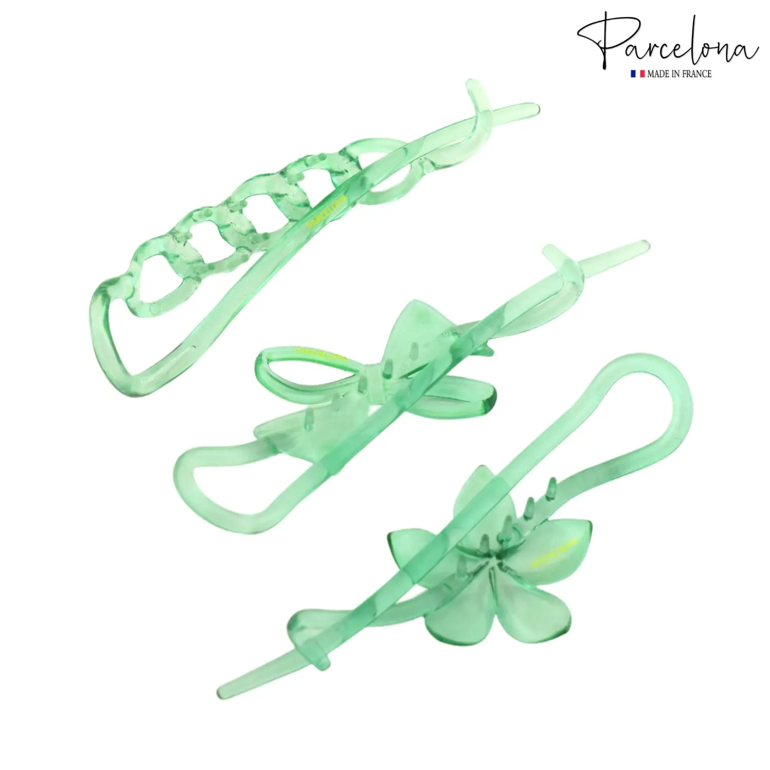Parcelona French Twist n Clip Flower, Bow and Chain 4" Cellulose Acetate Set of 3 Metal Free Hair Barrette Clips Non Slip Fashion Durable Styling Women Hair Accessories Hair Clip for Girls, Made in France (Crystal Green)