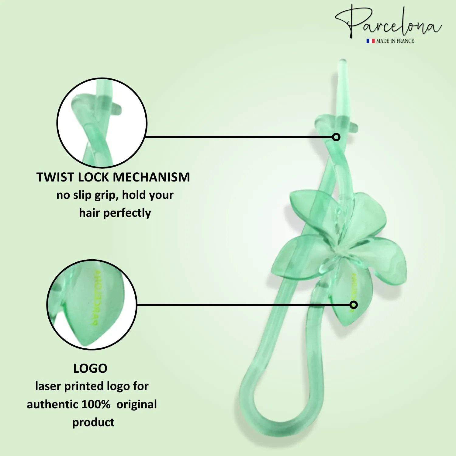 Parcelona French Twist n Clip Flower, Bow and Chain 4" Cellulose Acetate Set of 3 Metal Free Hair Barrette Clips Non Slip Fashion Durable Styling Women Hair Accessories Hair Clip for Girls, Made in France (Crystal Green)