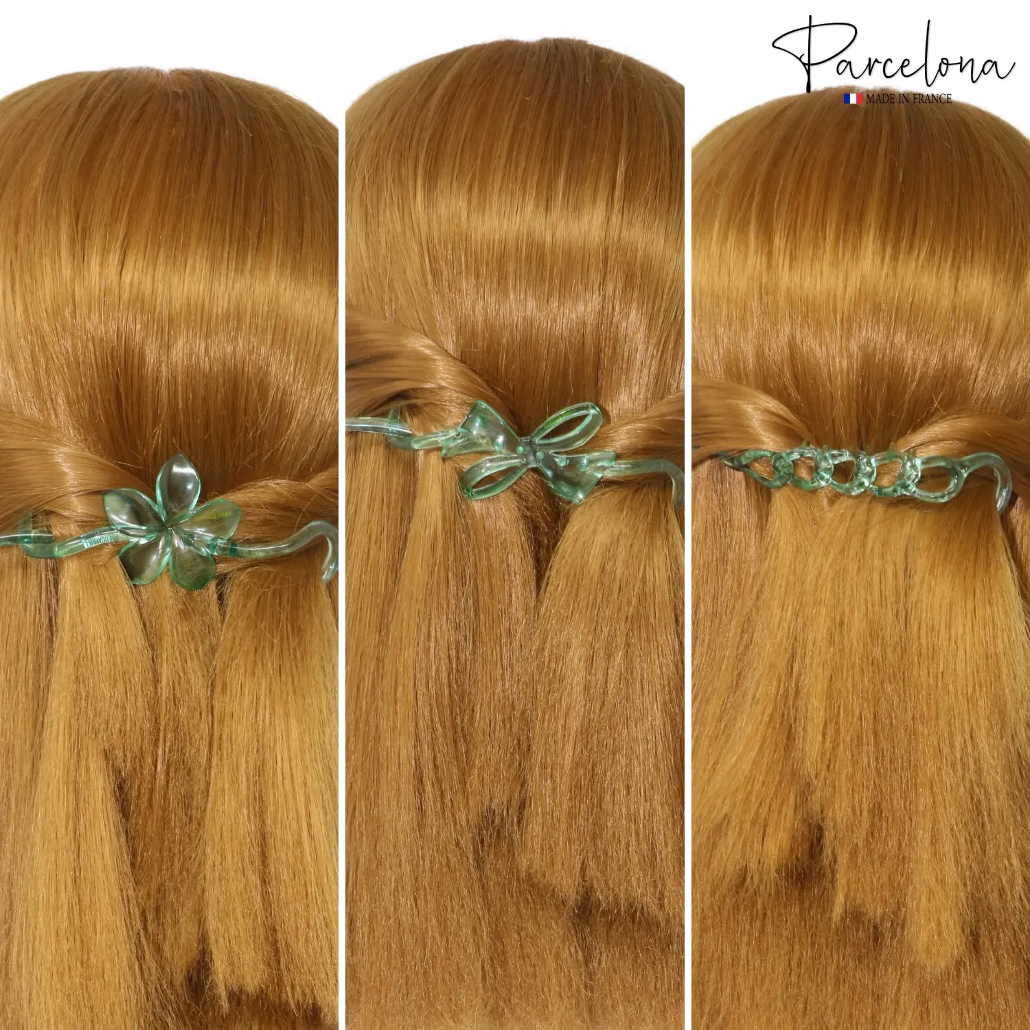 Parcelona French Twist n Clip Flower, Bow and Chain 4" Cellulose Acetate Set of 3 Metal Free Hair Barrette Clips Non Slip Fashion Durable Styling Women Hair Accessories Hair Clip for Girls, Made in France (Crystal Green)