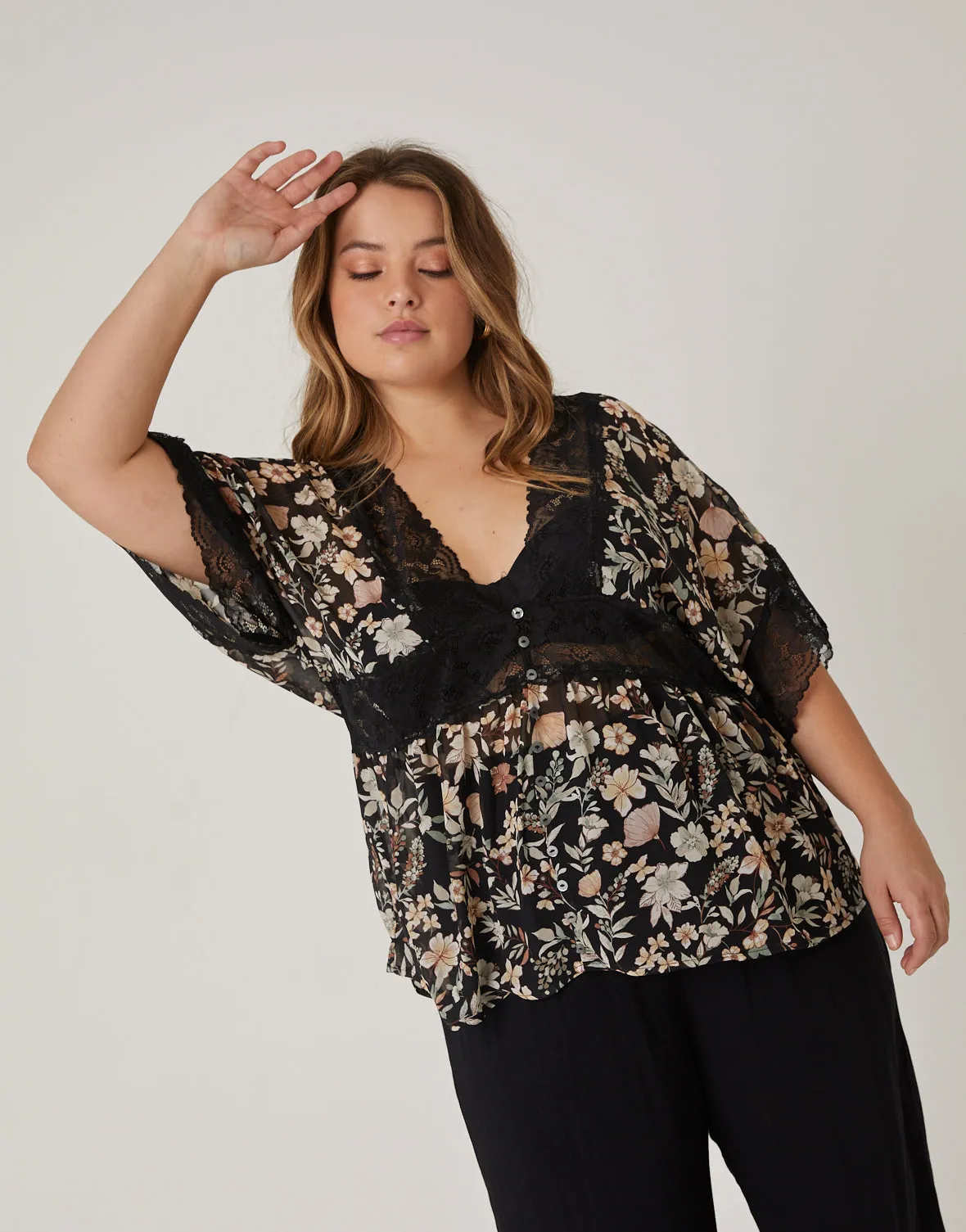 Plus Size Chiffon Floral Lace Blouse