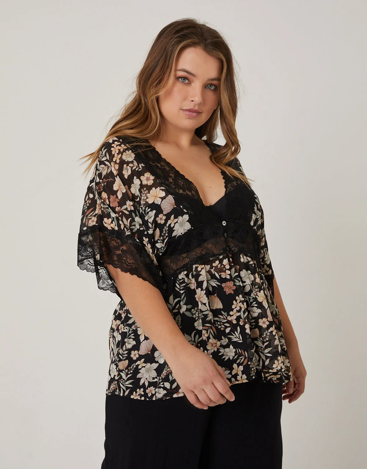 Plus Size Chiffon Floral Lace Blouse