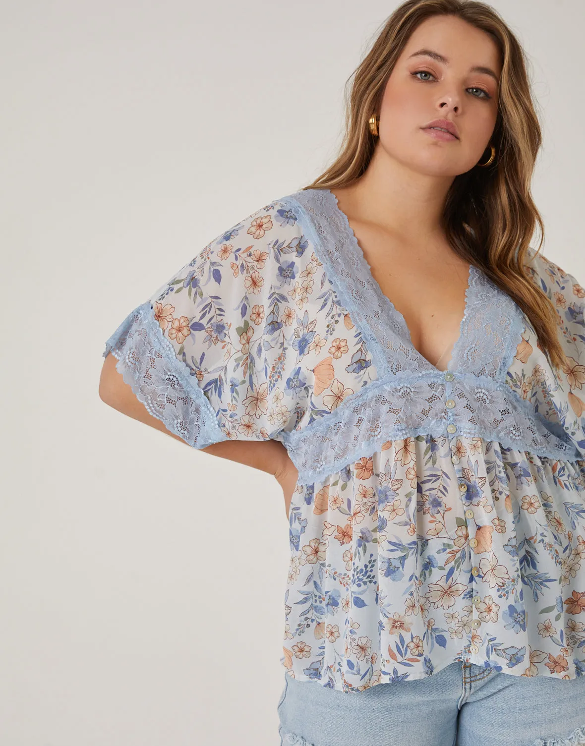 Plus Size Chiffon Floral Lace Blouse