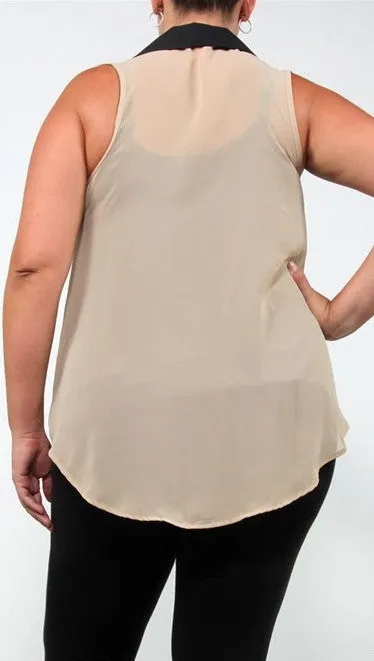 Plus Size Sheer Chiffon Sleeveless Buttondown in Taupe