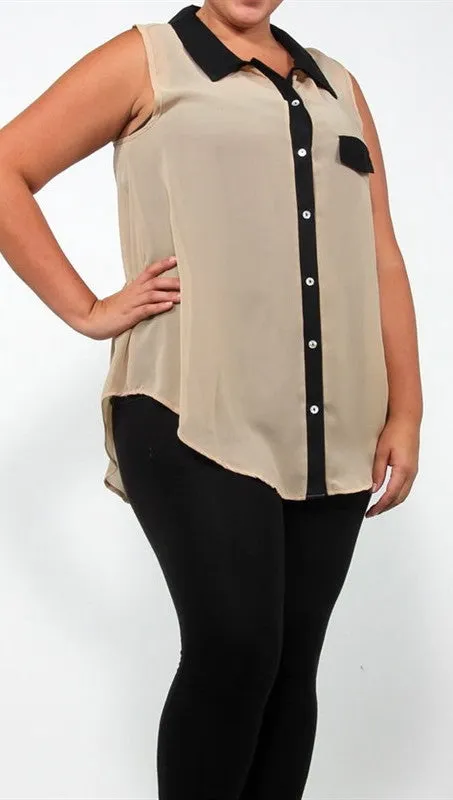 Plus Size Sheer Chiffon Sleeveless Buttondown in Taupe
