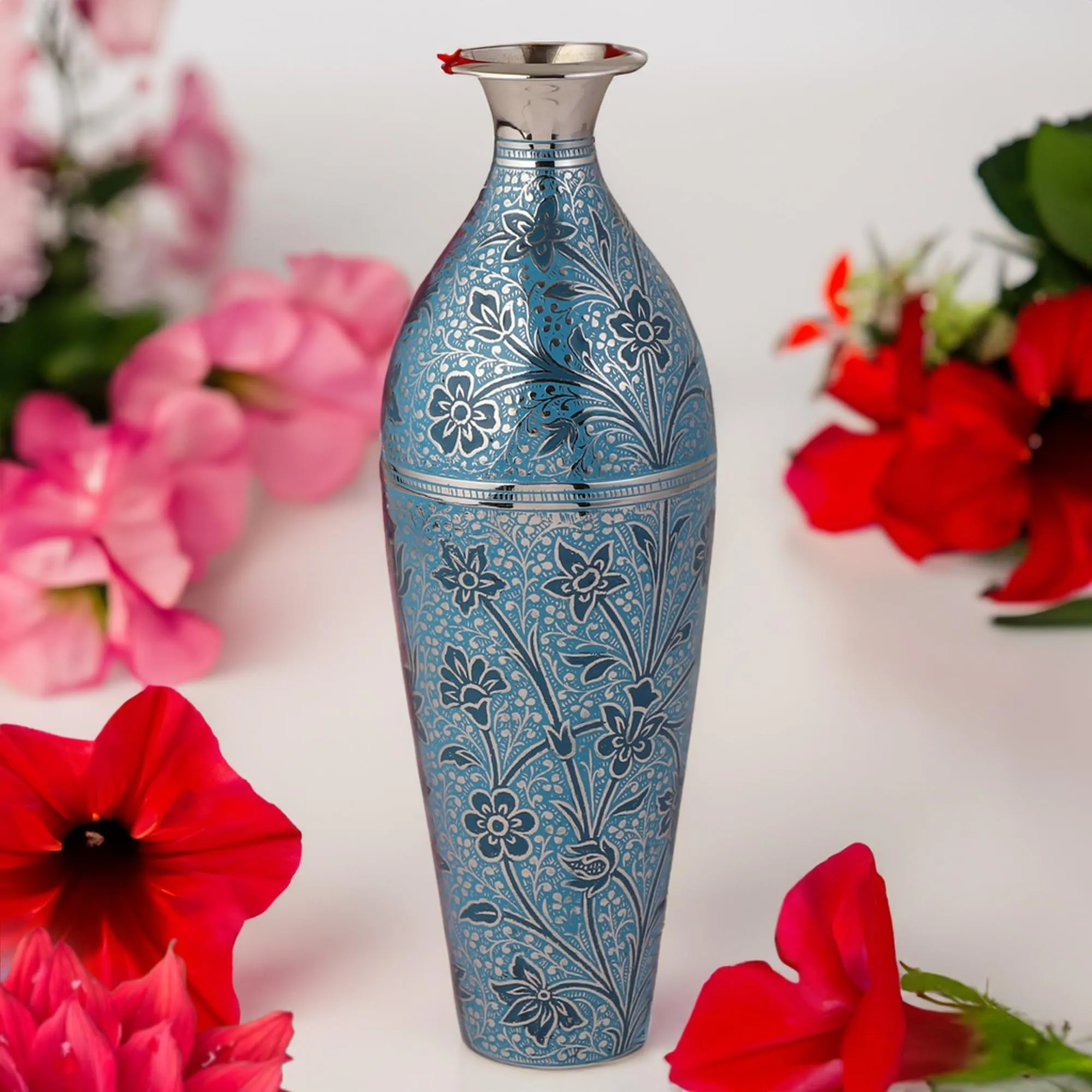 Professional Handicrafts Brass Flower Vase for Living Room, Metal Home Decor Showpiece Gift for wedding anniversary, Diwali, Corporate Clients, Housewarming - Blue, 12 Inches Long