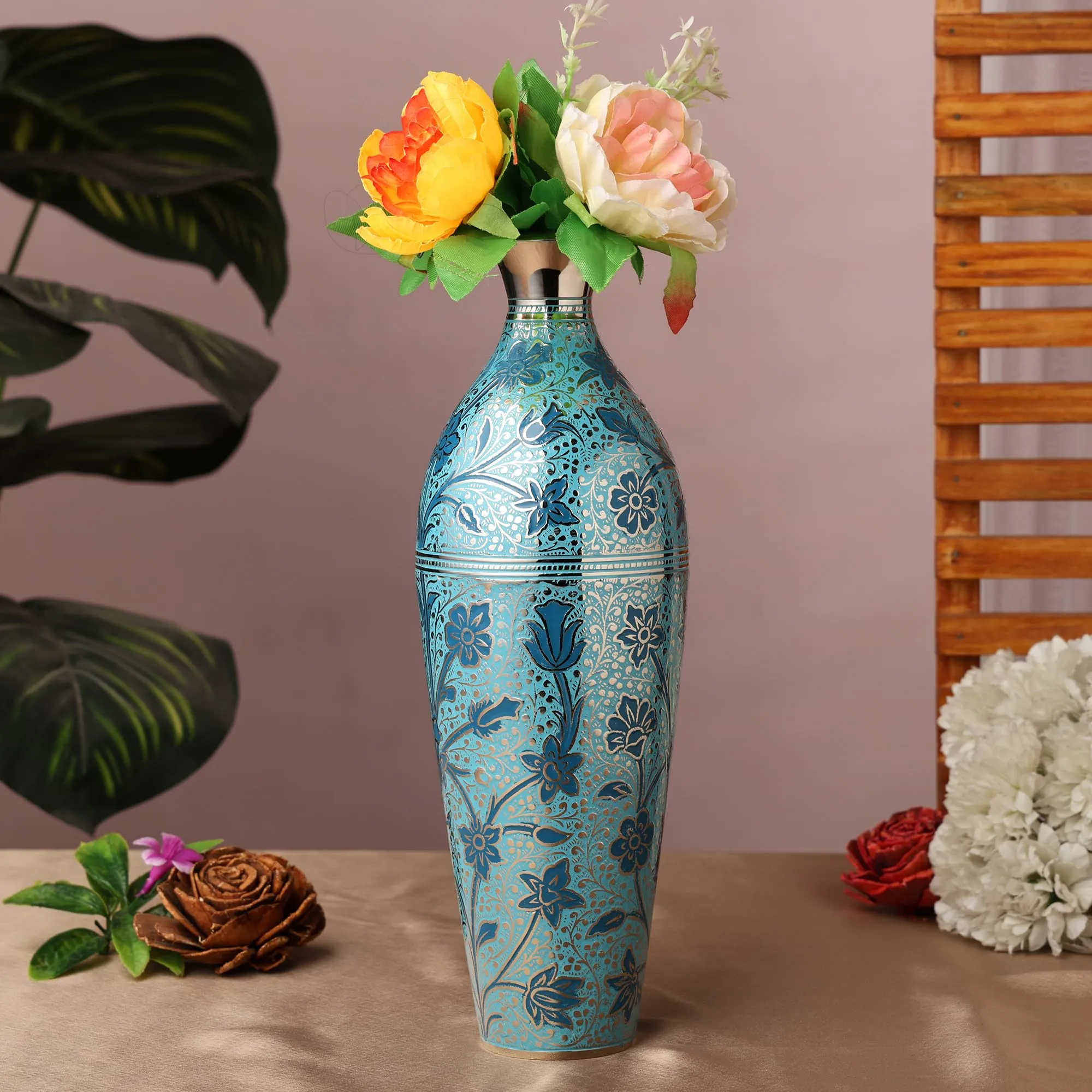 Professional Handicrafts Brass Flower Vase for Living Room, Metal Home Decor Showpiece Gift for wedding anniversary, Diwali, Corporate Clients, Housewarming - Blue, 12 Inches Long