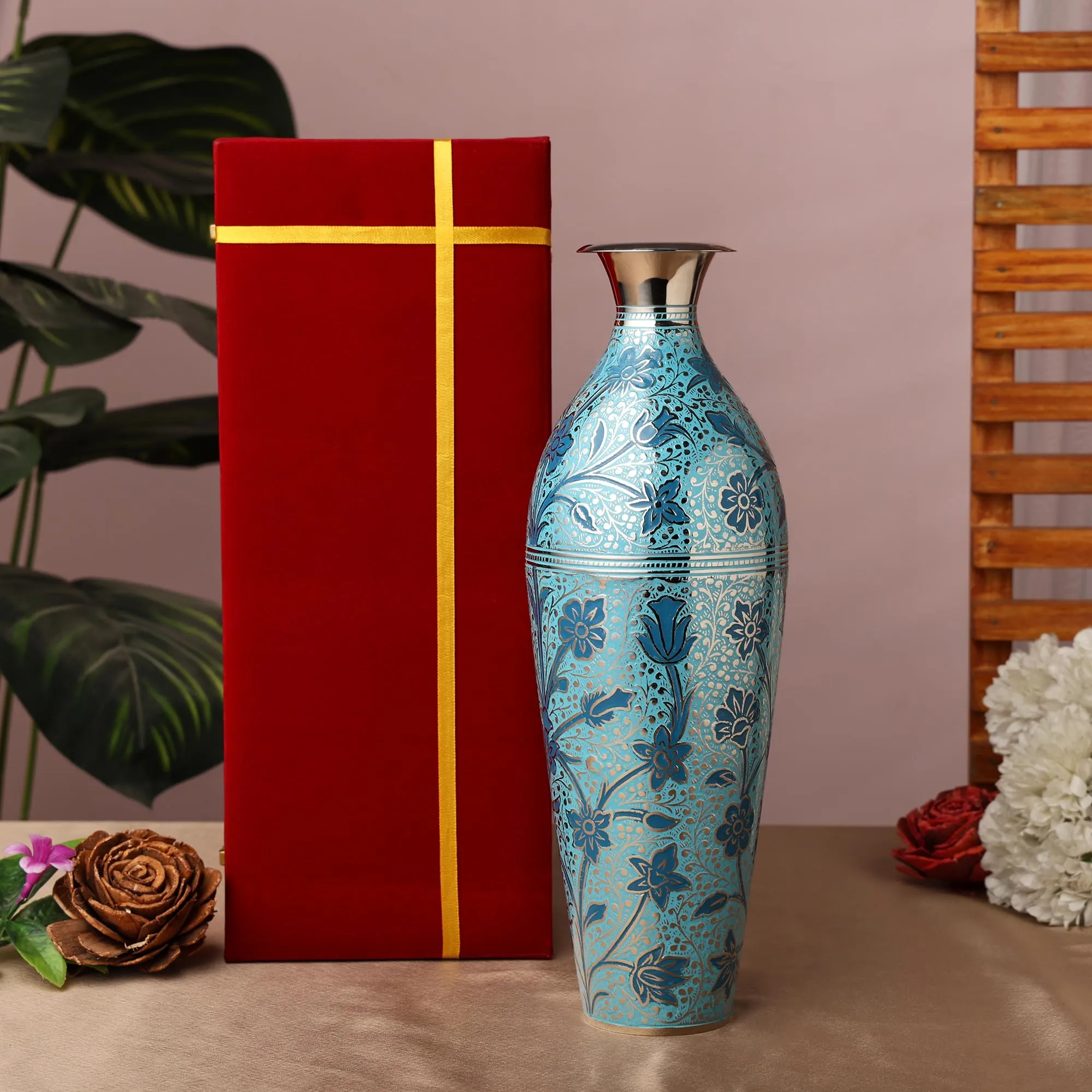 Professional Handicrafts Brass Flower Vase for Living Room, Metal Home Decor Showpiece Gift for wedding anniversary, Diwali, Corporate Clients, Housewarming - Blue, 12 Inches Long