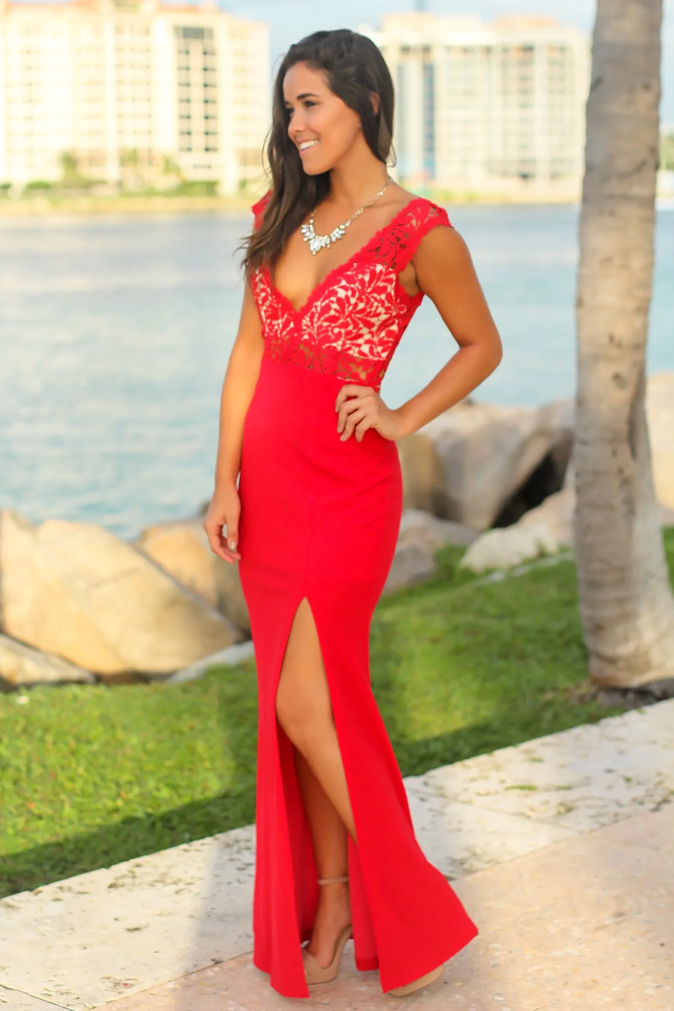 Red and Nude Maxi Dress with Crochet Top and Side Slit