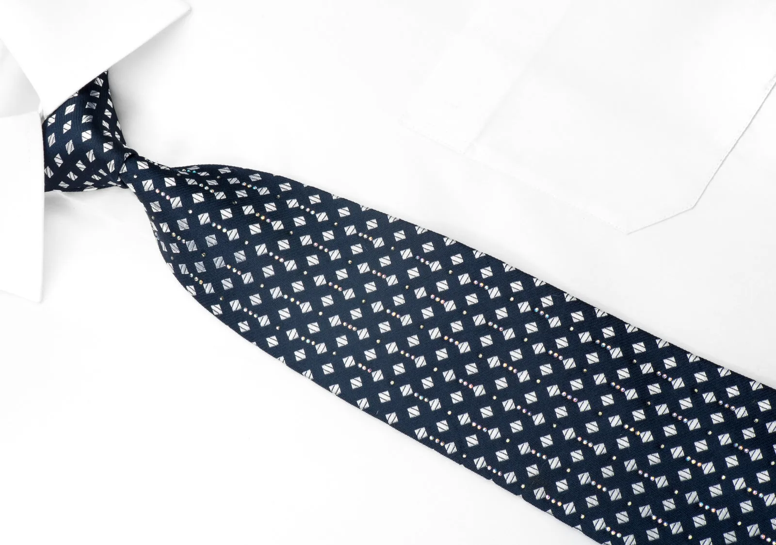 Renoma Men's Silk Necktie Silver Squares On Navy Sparkling With Crystal Rhinestones