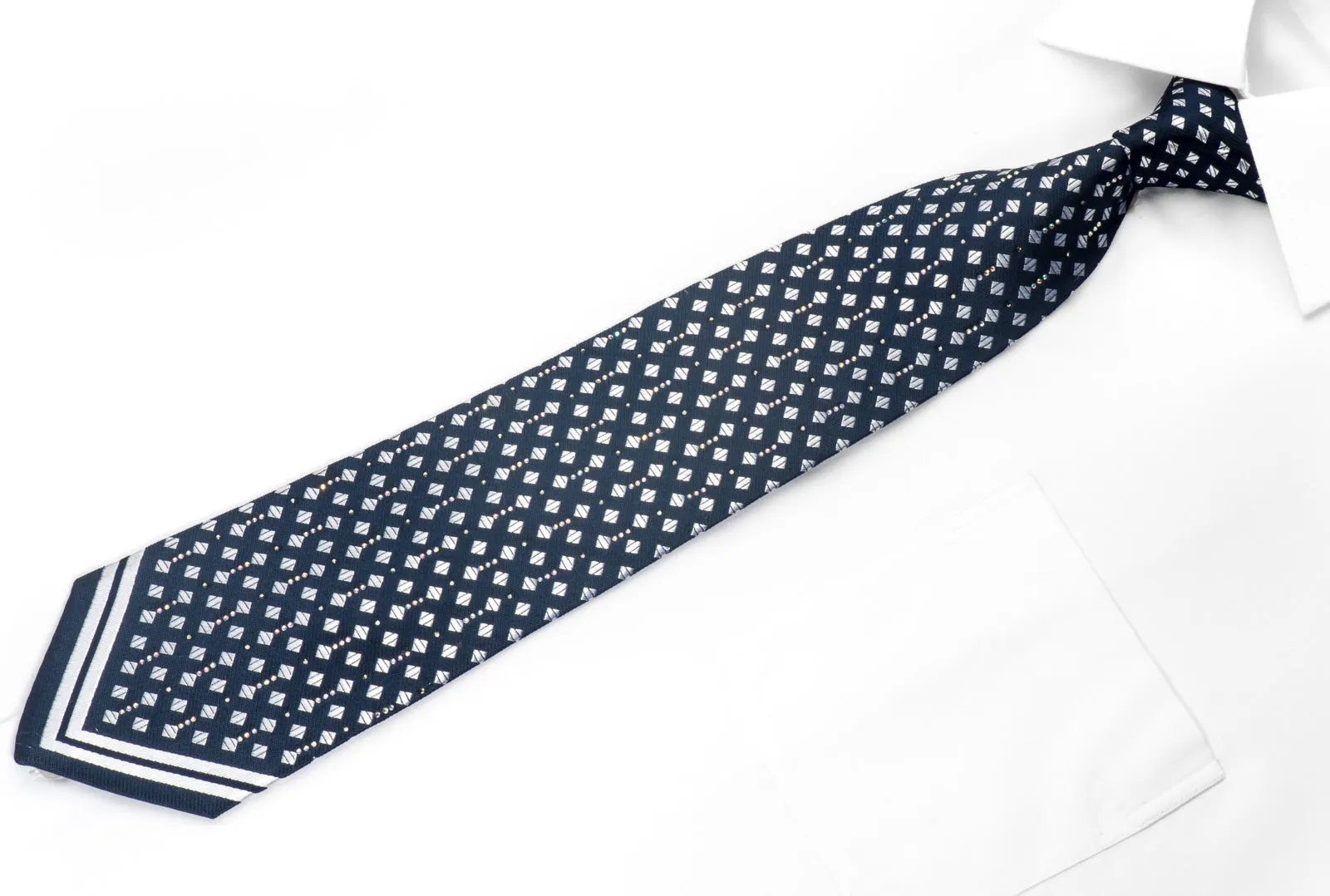 Renoma Men's Silk Necktie Silver Squares On Navy Sparkling With Crystal Rhinestones