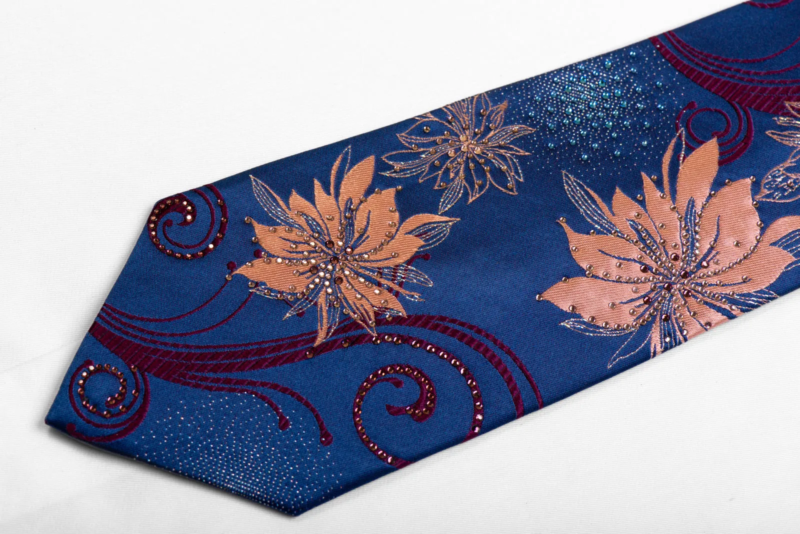 Renoma Silk Necktie Pink Floral & Burgundy Scrolls On Blue With Rhinestones
