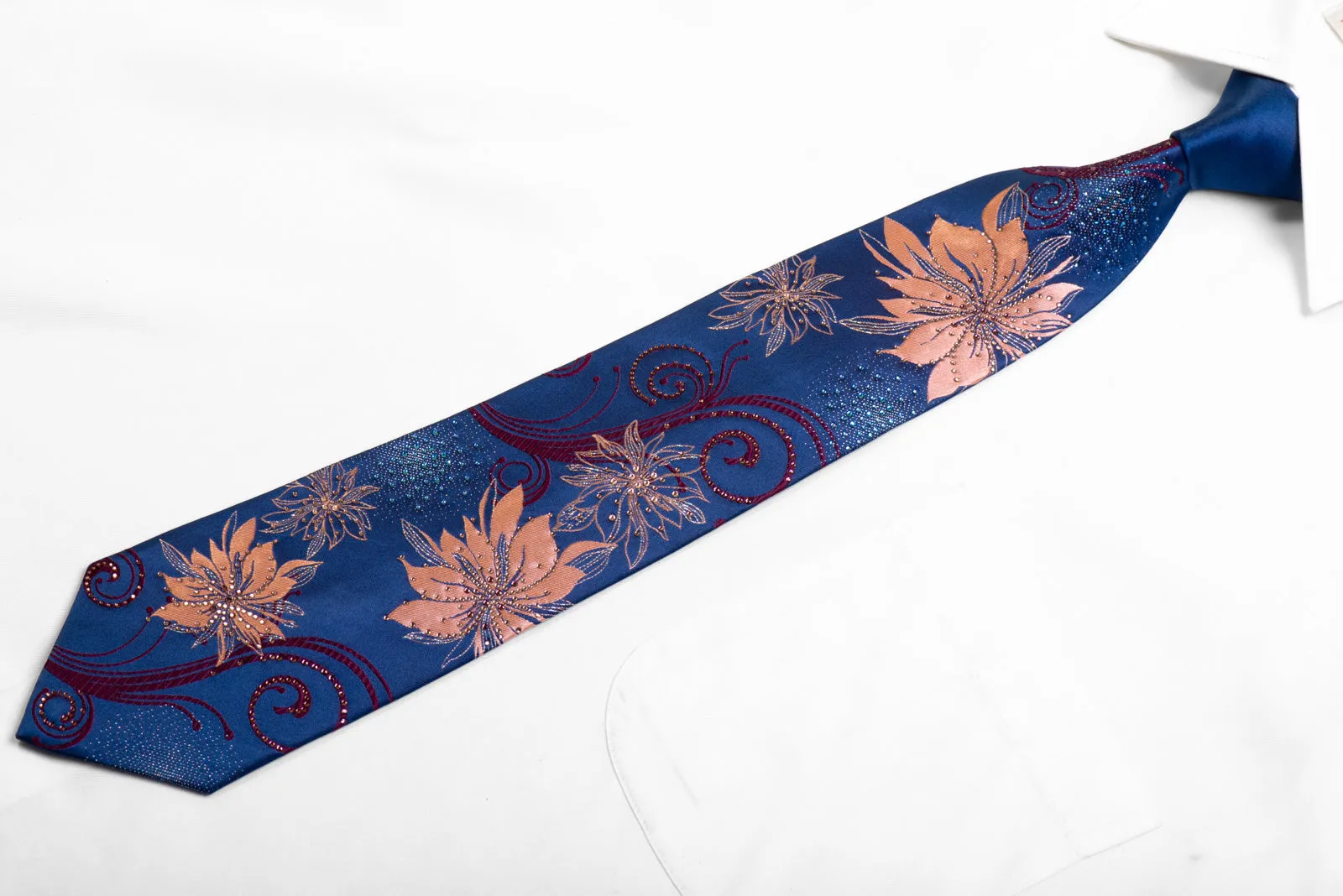 Renoma Silk Necktie Pink Floral & Burgundy Scrolls On Blue With Rhinestones