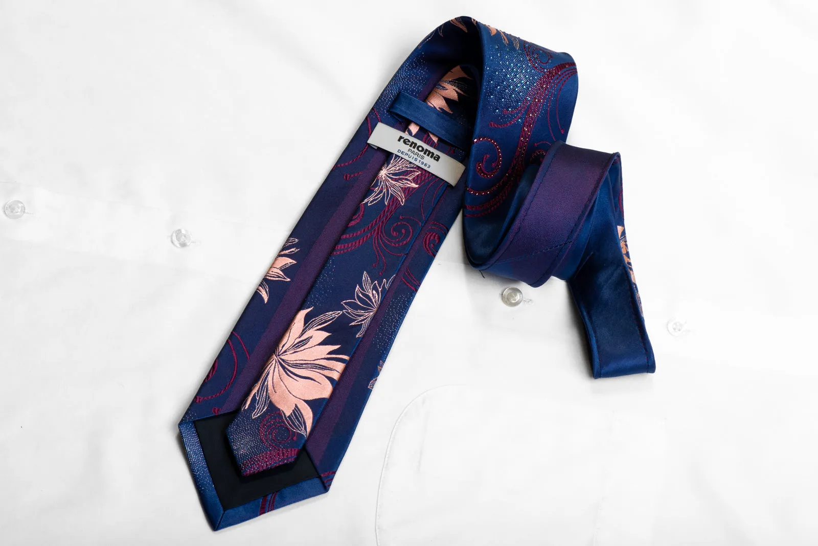 Renoma Silk Necktie Pink Floral & Burgundy Scrolls On Blue With Rhinestones