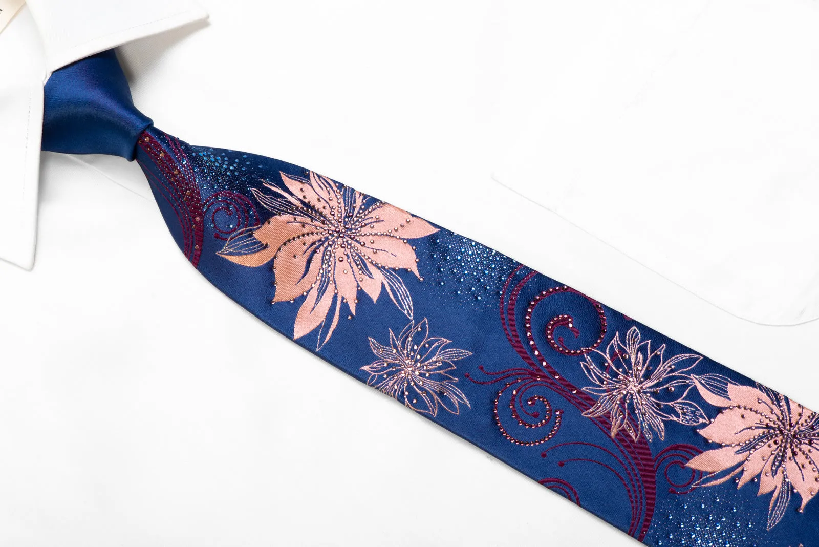 Renoma Silk Necktie Pink Floral & Burgundy Scrolls On Blue With Rhinestones
