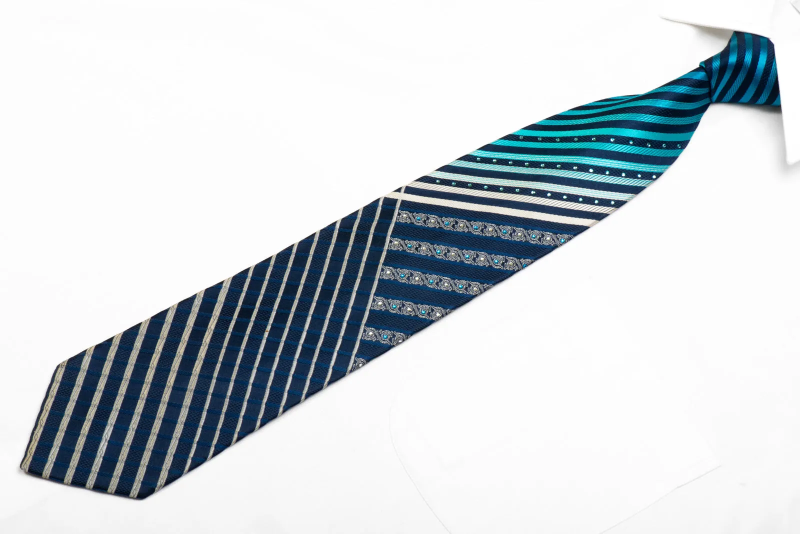 Roberta di Camerino Rhinestone Tie Blue Silver Striped On Navy