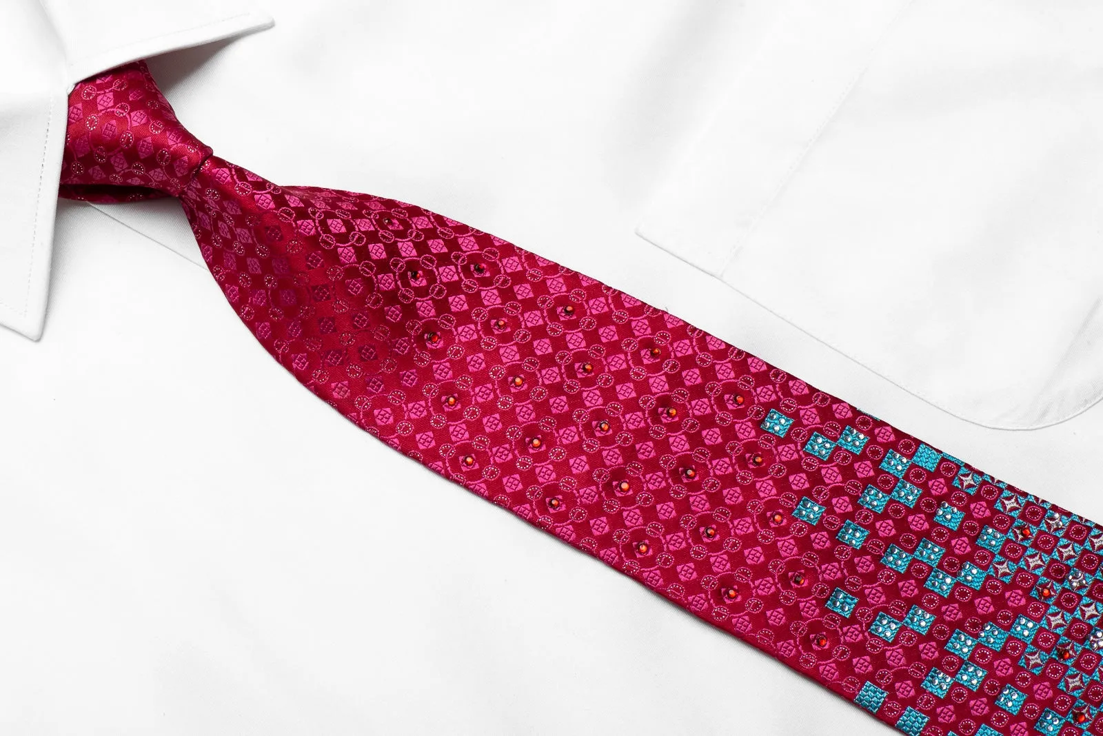 Rogers Dail Men's Crystal Rhinestone Silk Necktie Blue Checkered On Pink With Sparkles