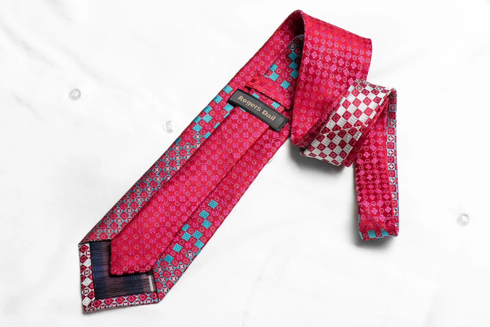 Rogers Dail Men's Crystal Rhinestone Silk Necktie Blue Checkered On Pink With Sparkles