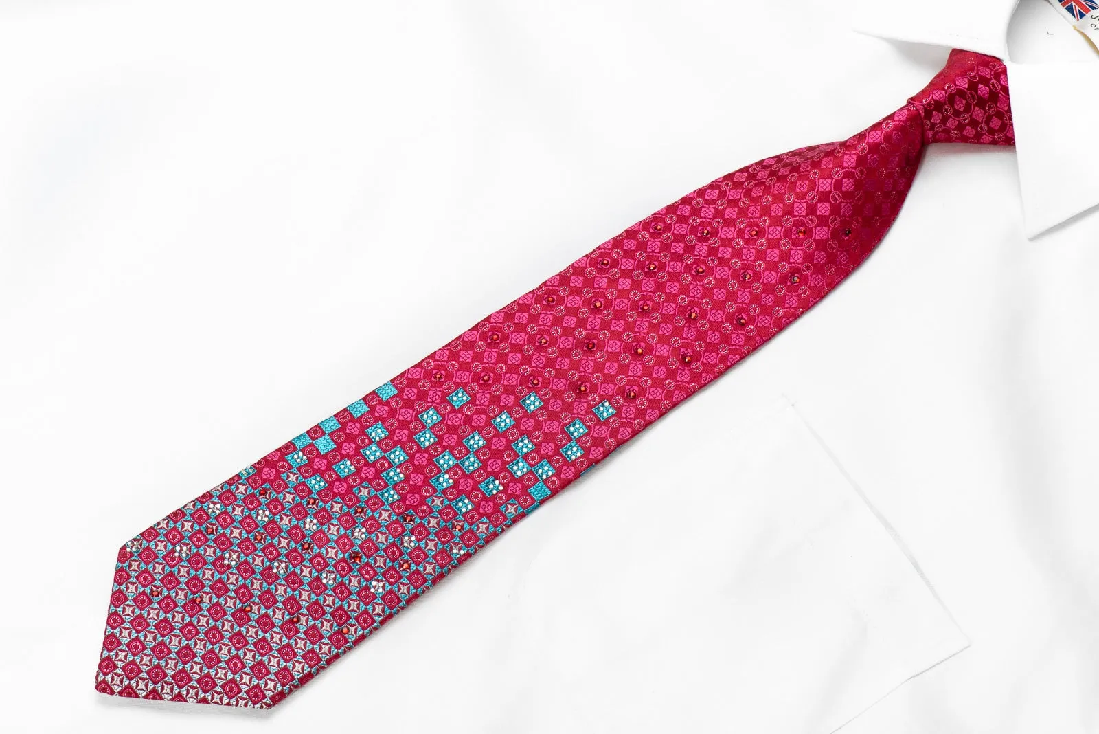 Rogers Dail Men's Crystal Rhinestone Silk Necktie Blue Checkered On Pink With Sparkles