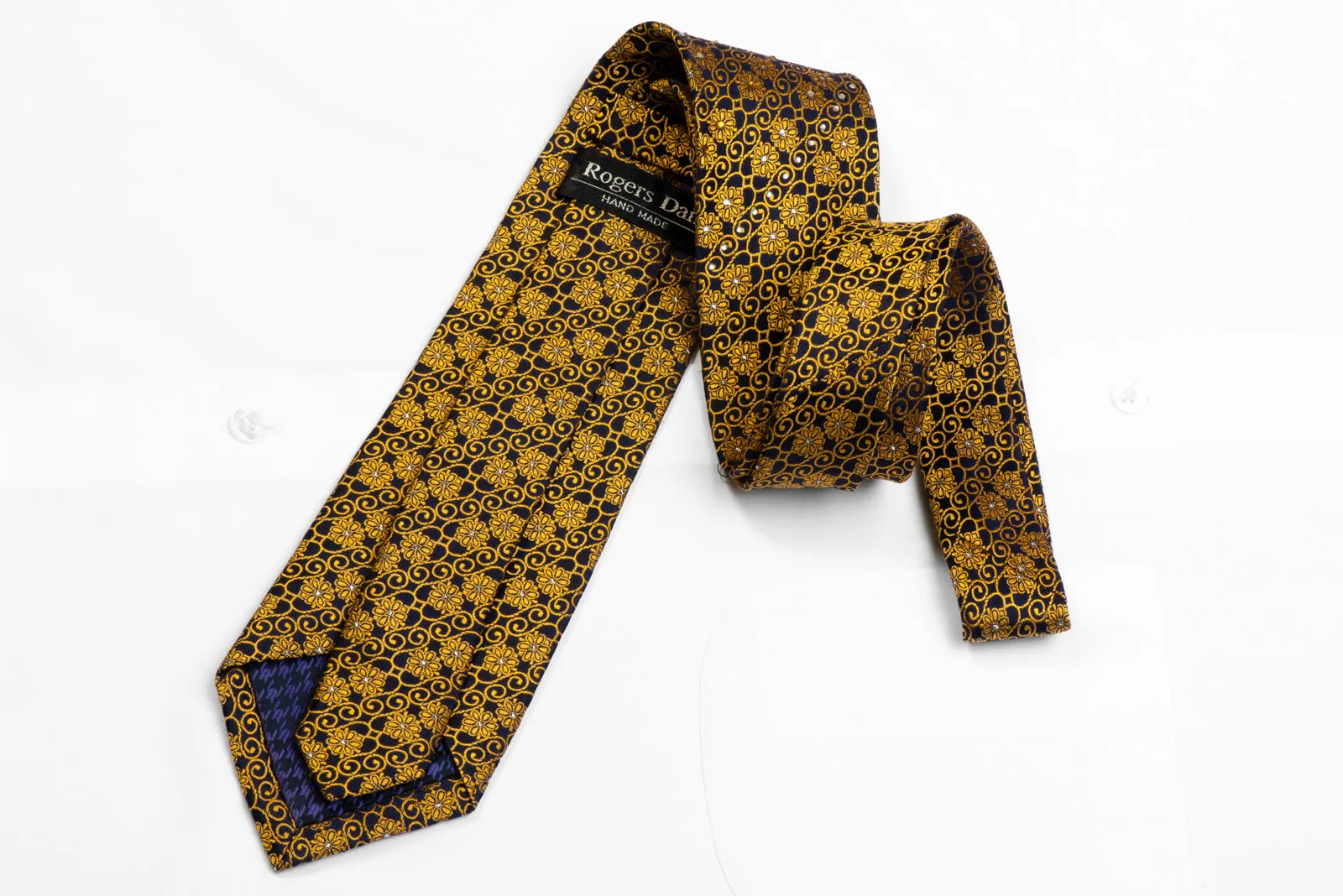 Rogers Dail Rhinestone Silk Tie Gold Floral Scrolls On Navy With Silver Sparkles