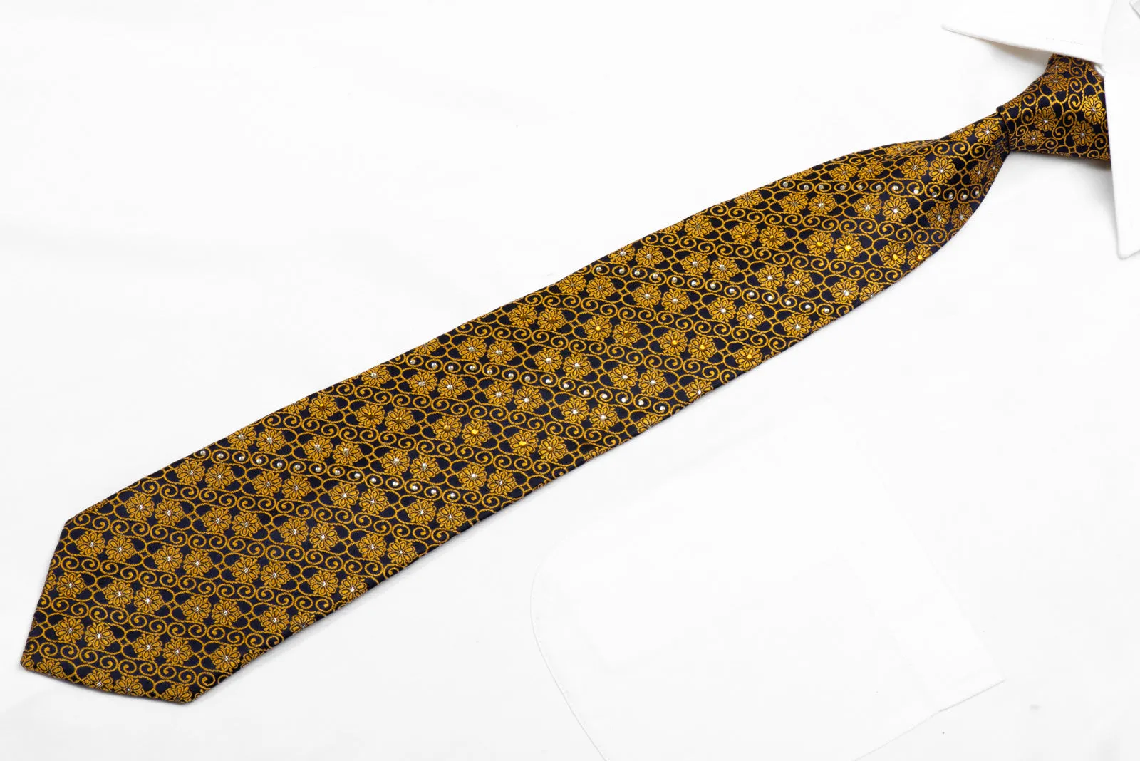 Rogers Dail Rhinestone Silk Tie Gold Floral Scrolls On Navy With Silver Sparkles
