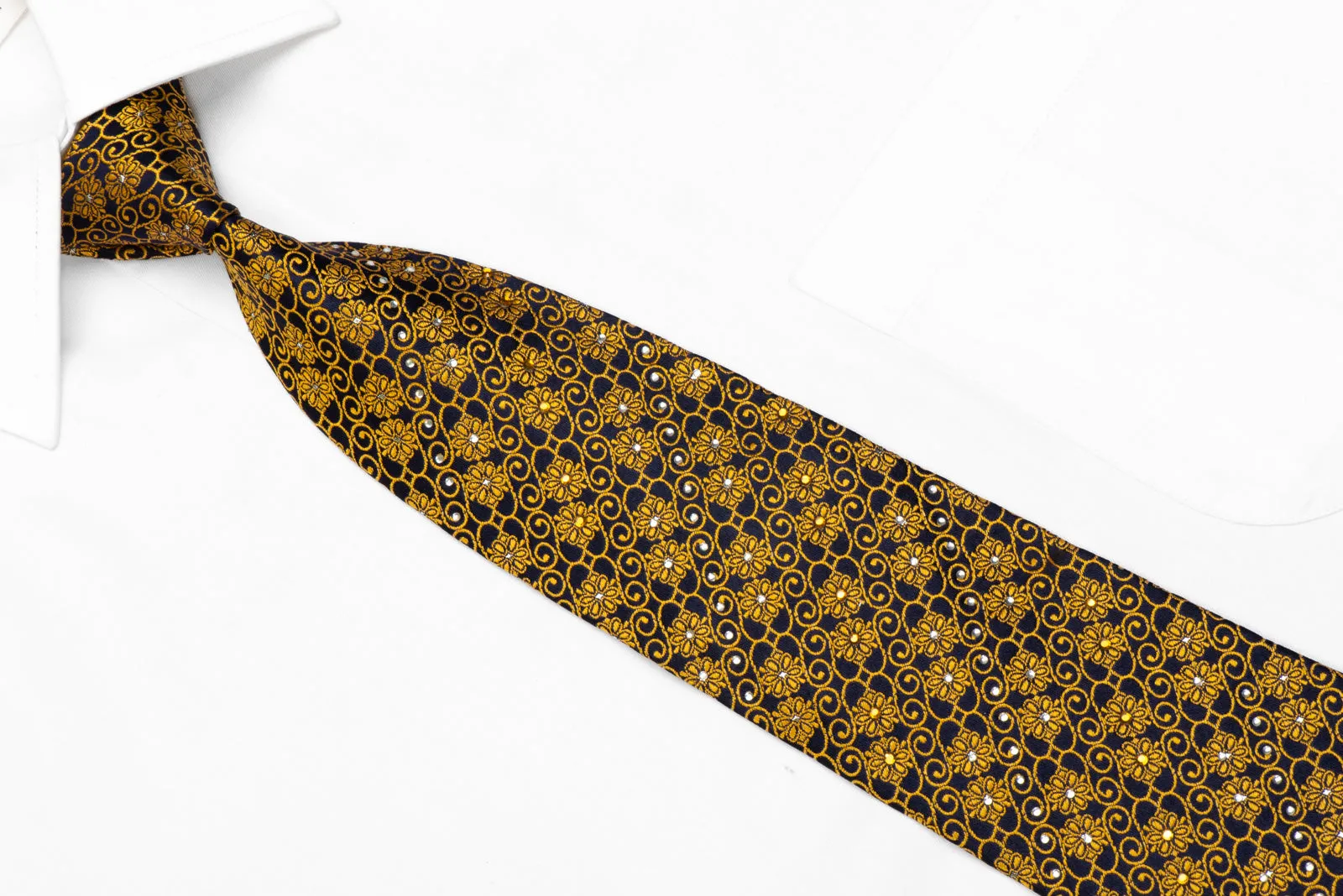 Rogers Dail Rhinestone Silk Tie Gold Floral Scrolls On Navy With Silver Sparkles