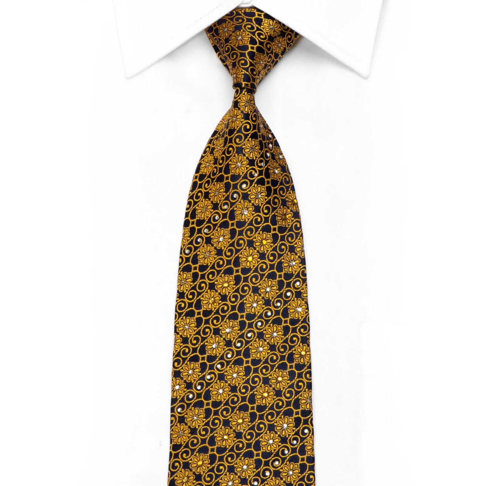 Rogers Dail Rhinestone Silk Tie Gold Floral Scrolls On Navy With Silver Sparkles