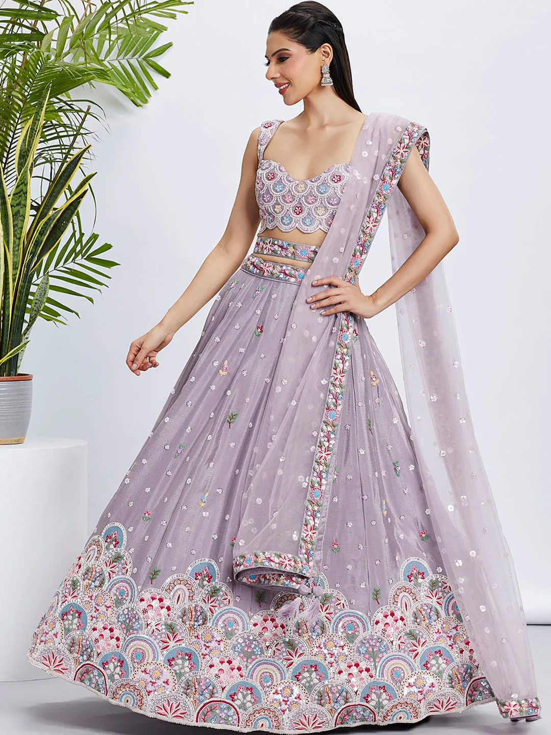 Rose Gold Mauve Chiffon Lehenga Choli Set with Sequins & Thread Embroidery