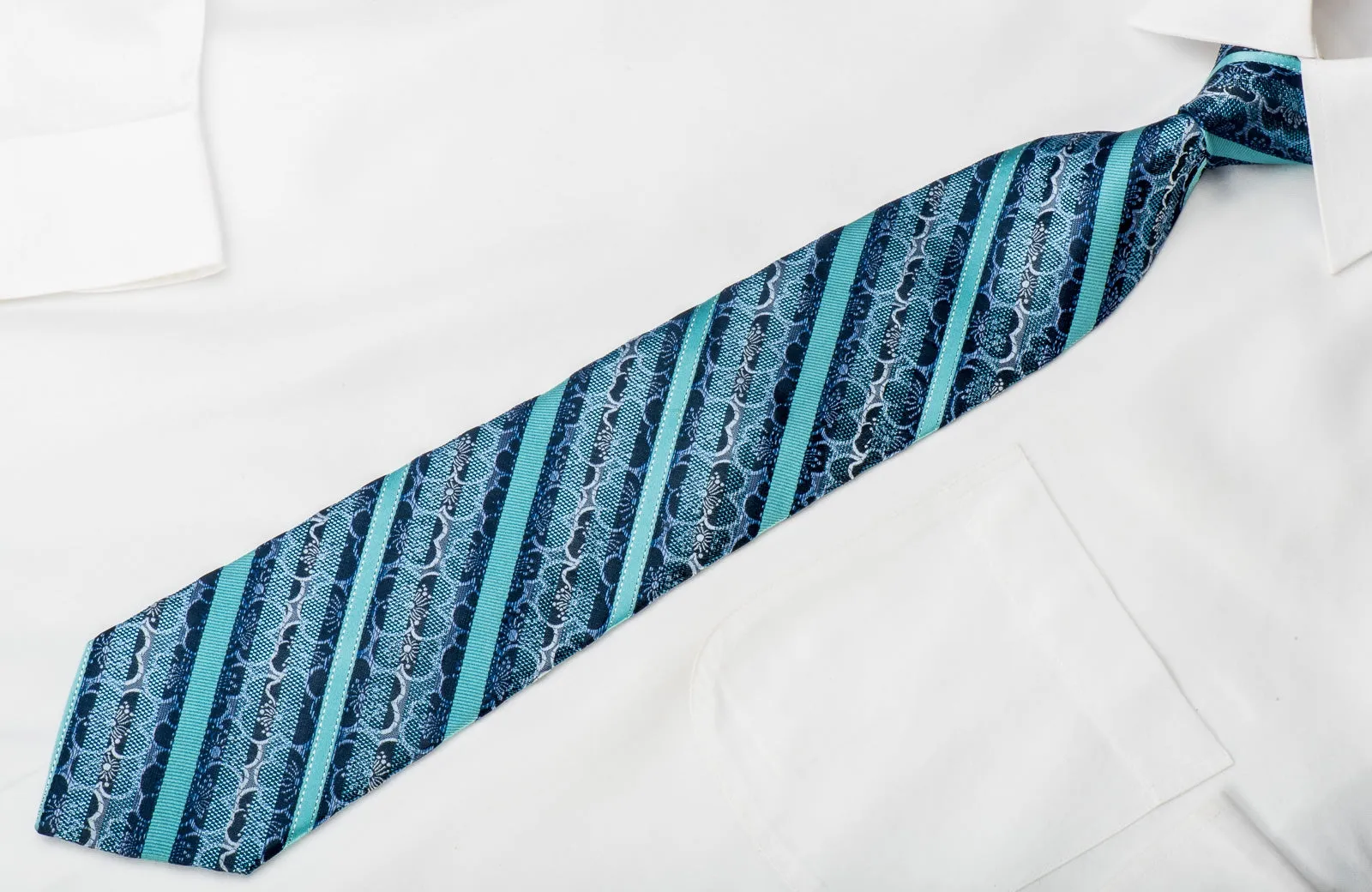 Saehan Matthias Men's Silk Tie Striped & Floral On Blue