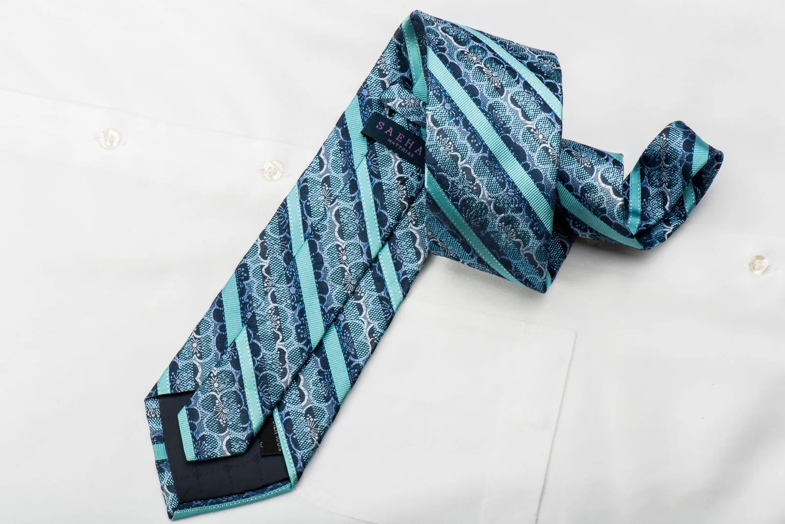 Saehan Matthias Men's Silk Tie Striped & Floral On Blue