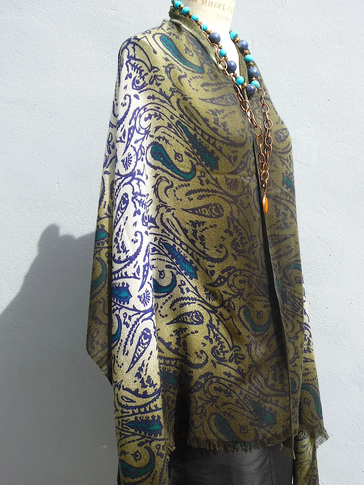 Shawl Silk And Cashmere Paisley Olive Cream Turquoise