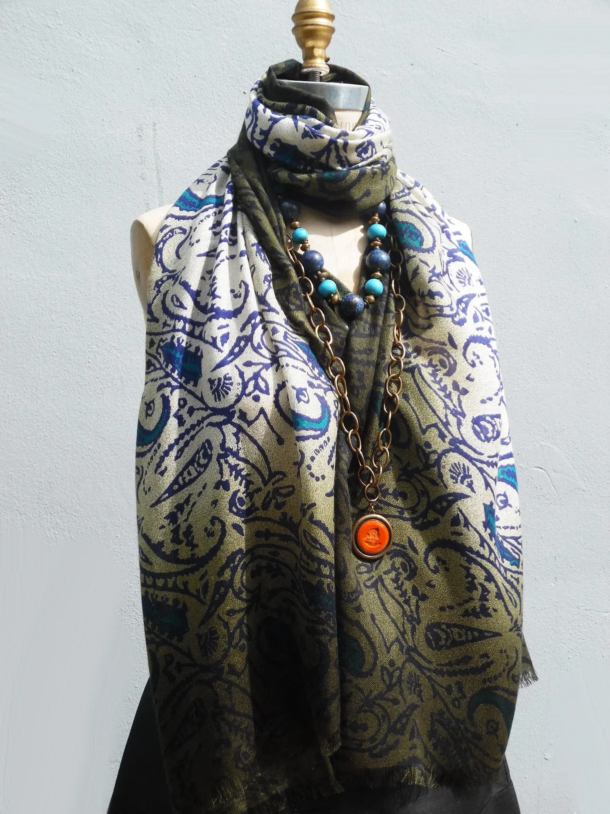 Shawl Silk And Cashmere Paisley Olive Cream Turquoise