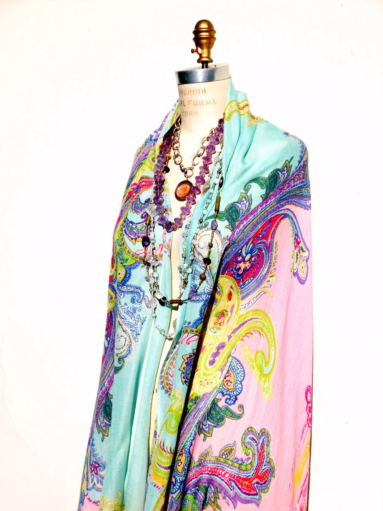 Shawl Silk And Cashmere Paisley Olive Cream Turquoise