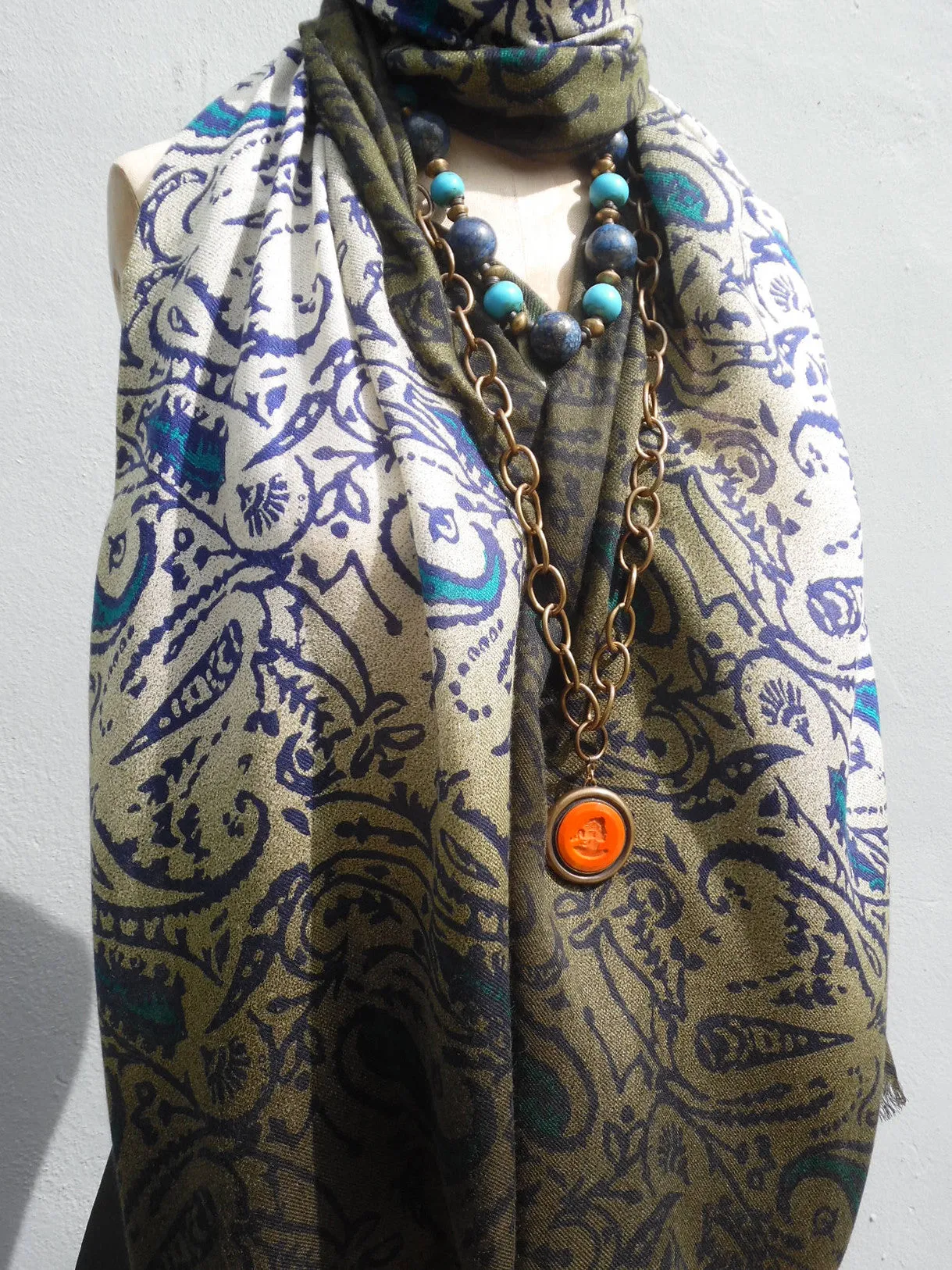 Shawl Silk And Cashmere Paisley Olive Cream Turquoise