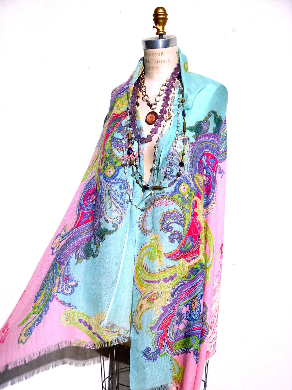Shawl Silk And Cashmere Paisley Olive Cream Turquoise