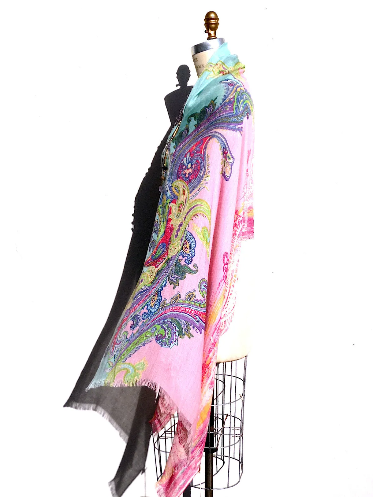 Shawl Silk And Cashmere Paisley Olive Cream Turquoise