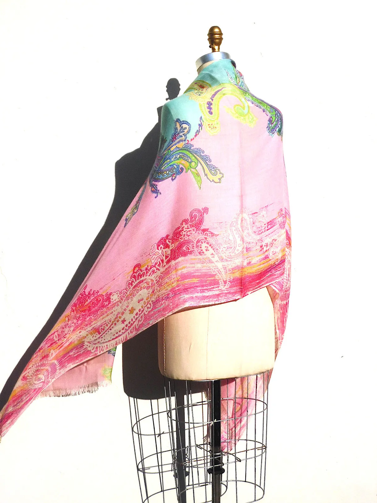 Shawl Silk And Cashmere Paisley Olive Cream Turquoise