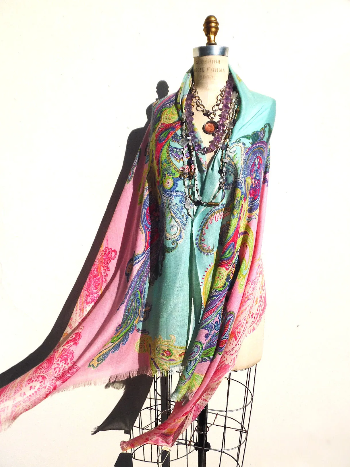 Shawl Silk And Cashmere Paisley Olive Cream Turquoise